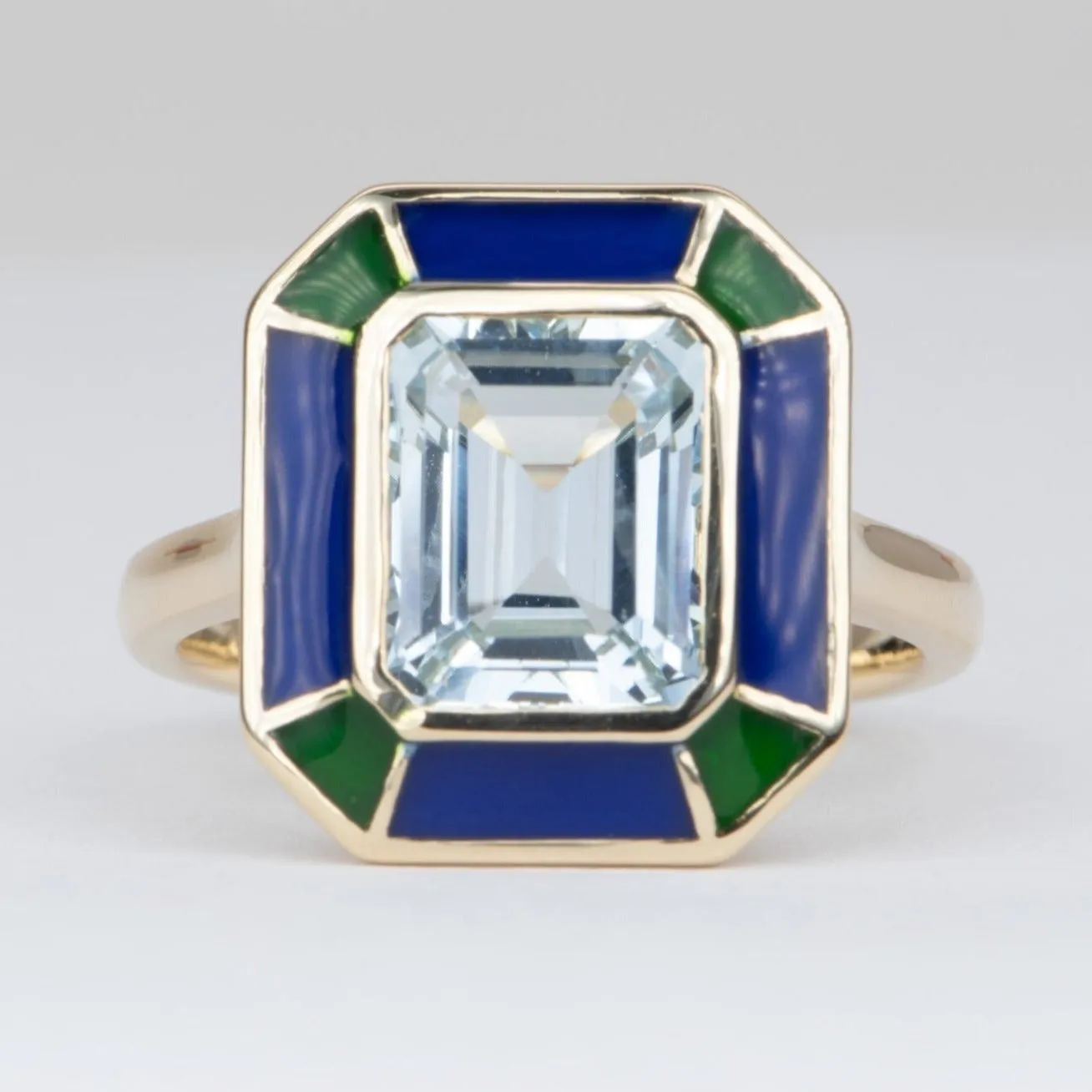 2.79ct Aquamarine Bezel Set with Blue Green Enamel 14K Gold Statement Ring R6552