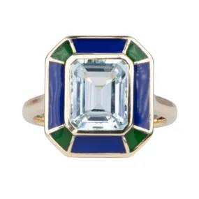 2.79ct Aquamarine Bezel Set with Blue Green Enamel 14K Gold Statement Ring R6552