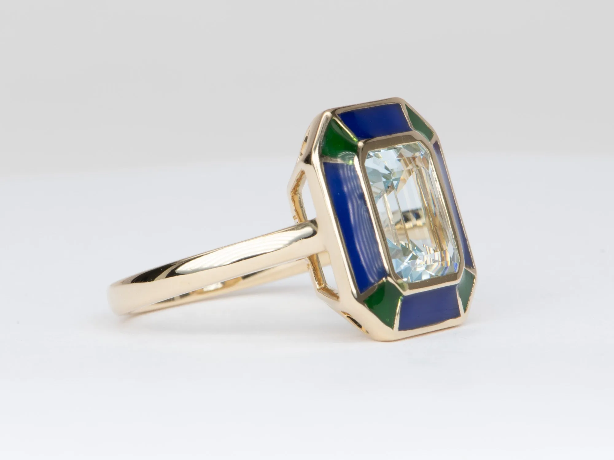 2.79ct Aquamarine Bezel Set with Blue Green Enamel 14K Gold Statement Ring R6552