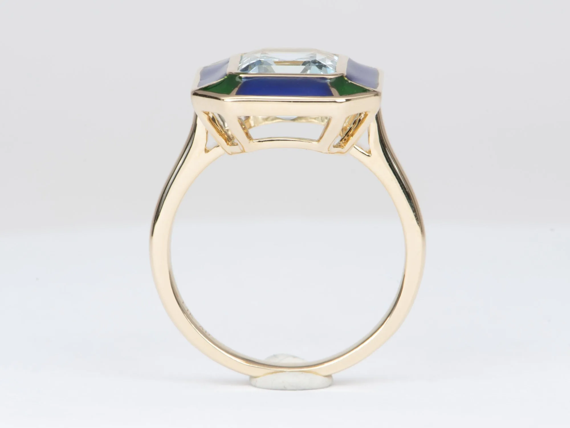 2.79ct Aquamarine Bezel Set with Blue Green Enamel 14K Gold Statement Ring R6552