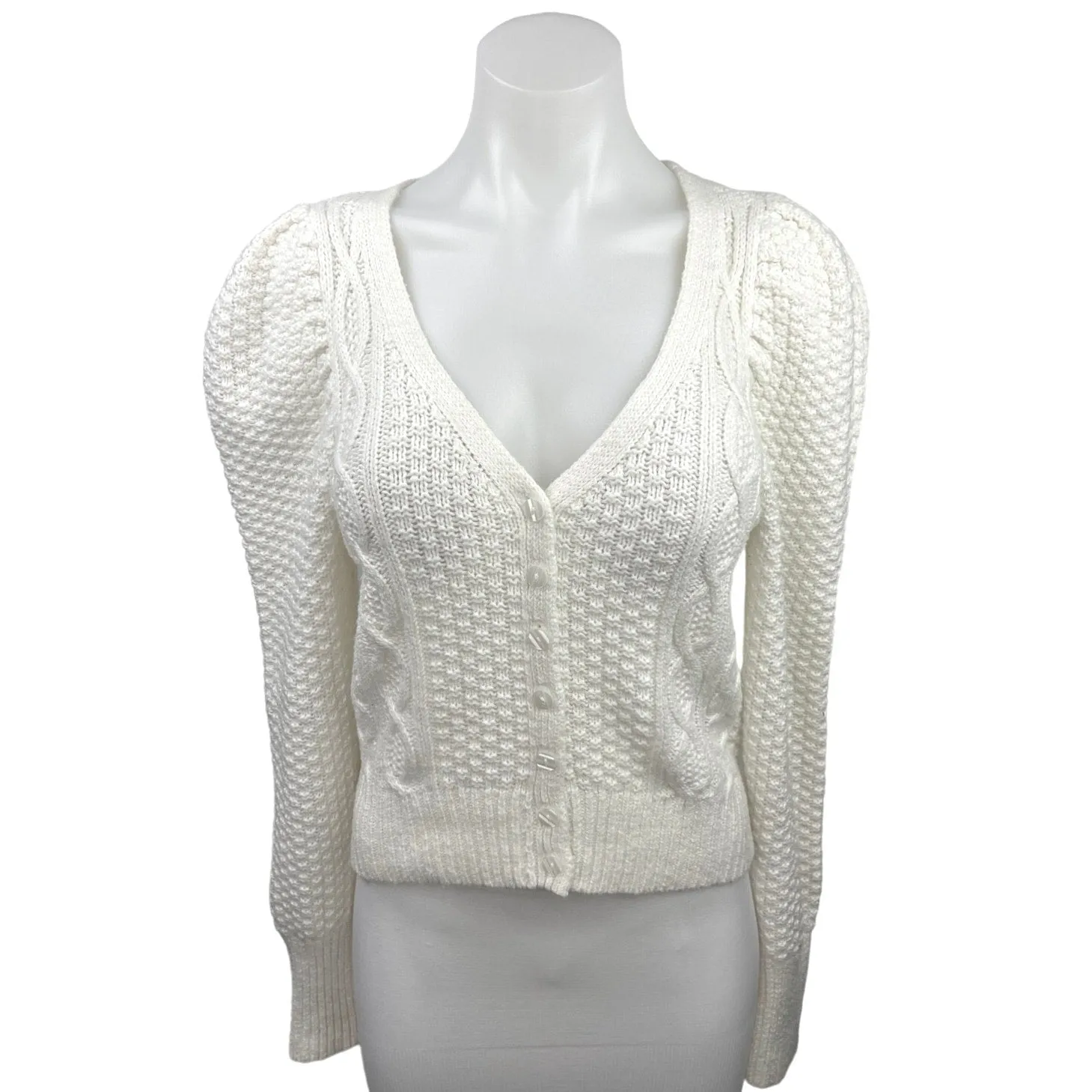 Abercrombie & Fitch White Cable Knit V-Neck Puff Sleeve Cardigan Sweater Top S