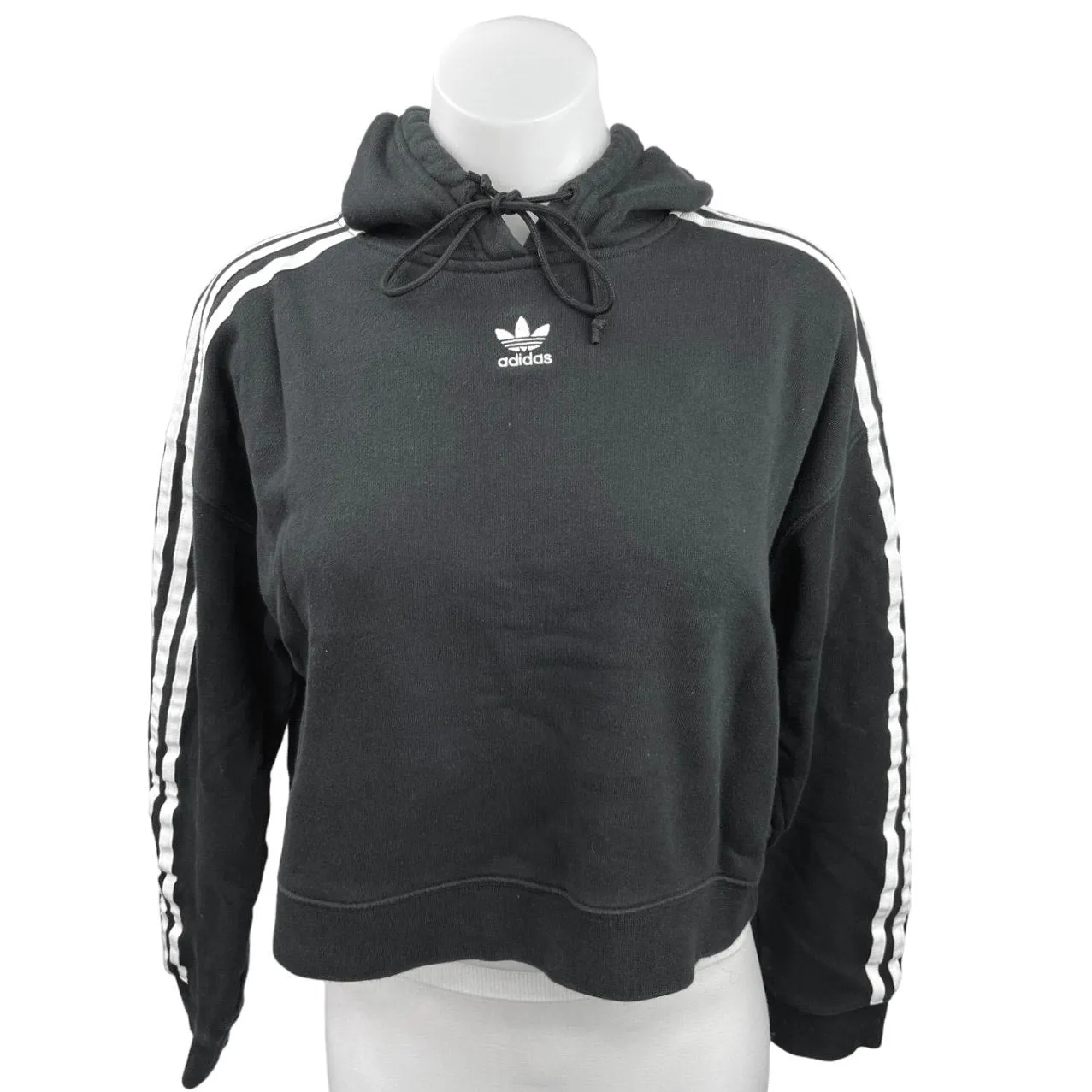 Adidas Black Logo Drawstring Cropped Hoodie Hooded Sweatshirt Sweater Top Size S