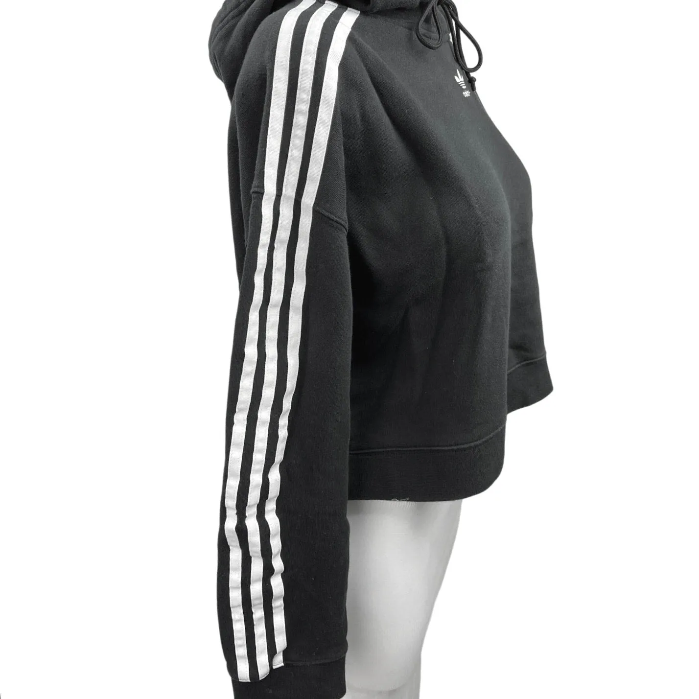 Adidas Black Logo Drawstring Cropped Hoodie Hooded Sweatshirt Sweater Top Size S