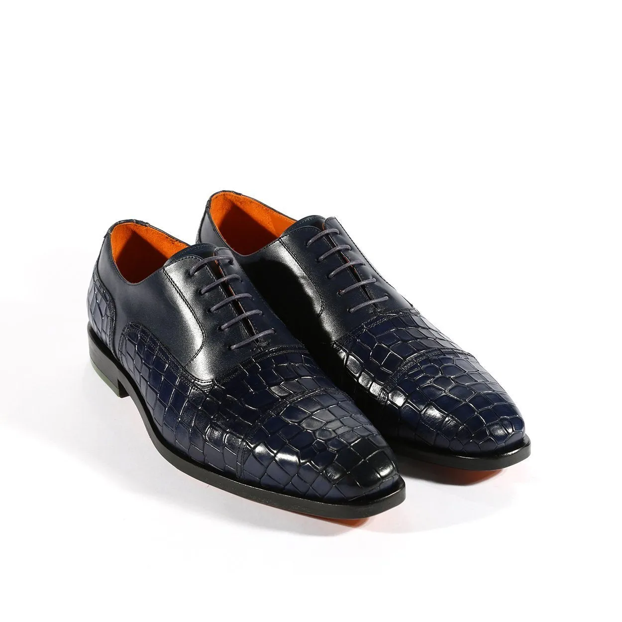 Ambrogio Men's Shoes Navy Crocodile Print / Rubber / Calf-Skin Leather Cap Toe Oxfords (AMBS2050-RTW)