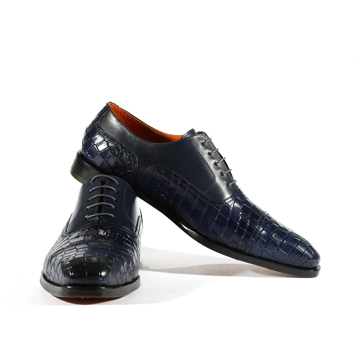 Ambrogio Men's Shoes Navy Crocodile Print / Rubber / Calf-Skin Leather Cap Toe Oxfords (AMBS2050-RTW)