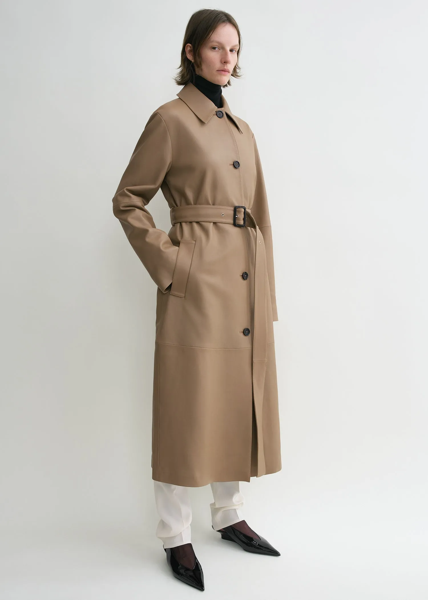 Belted leather coat truffle