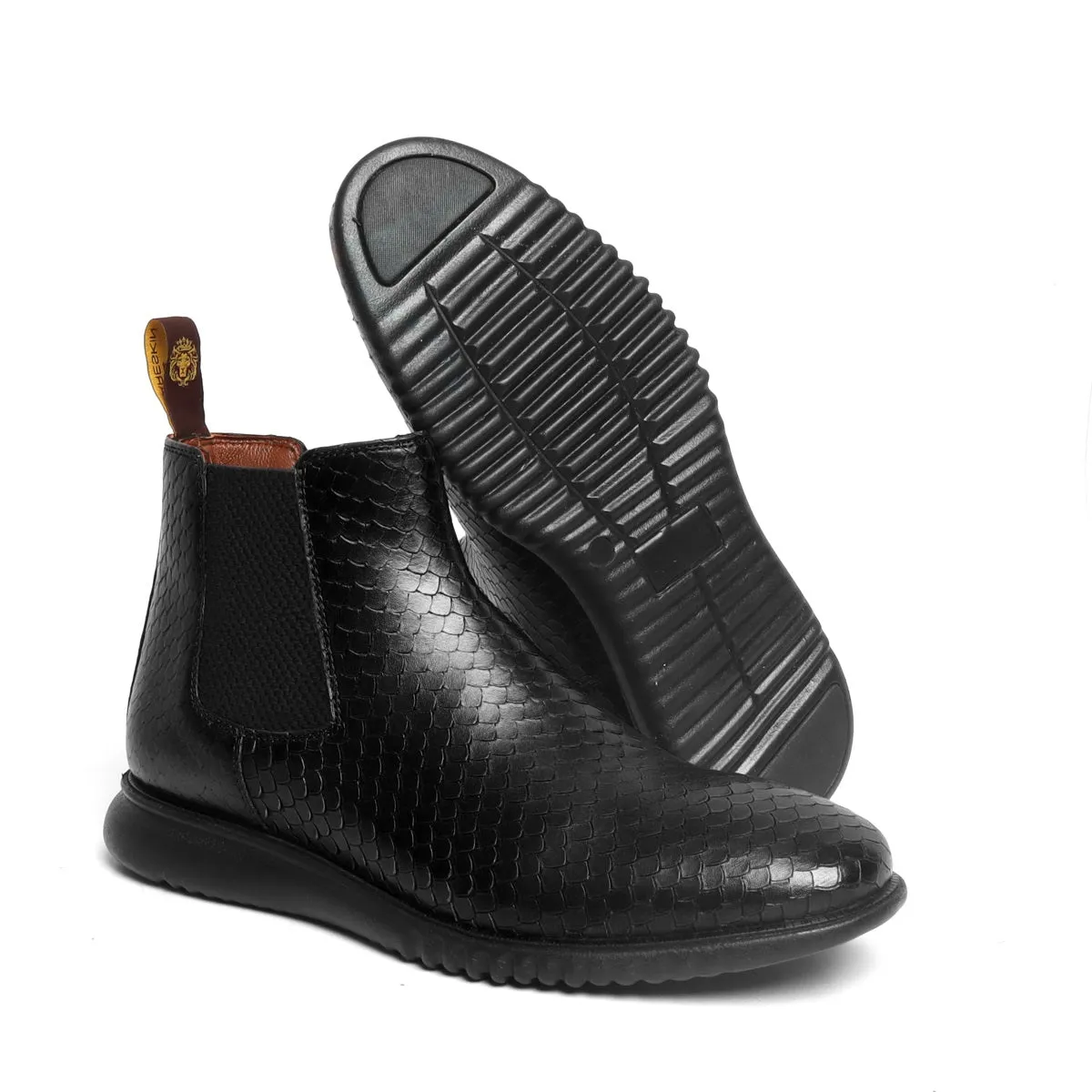 Black Snake Skin Textured Leather Chelsea Boot with Hand scaling and Light weight sole by Brune & Bareskin