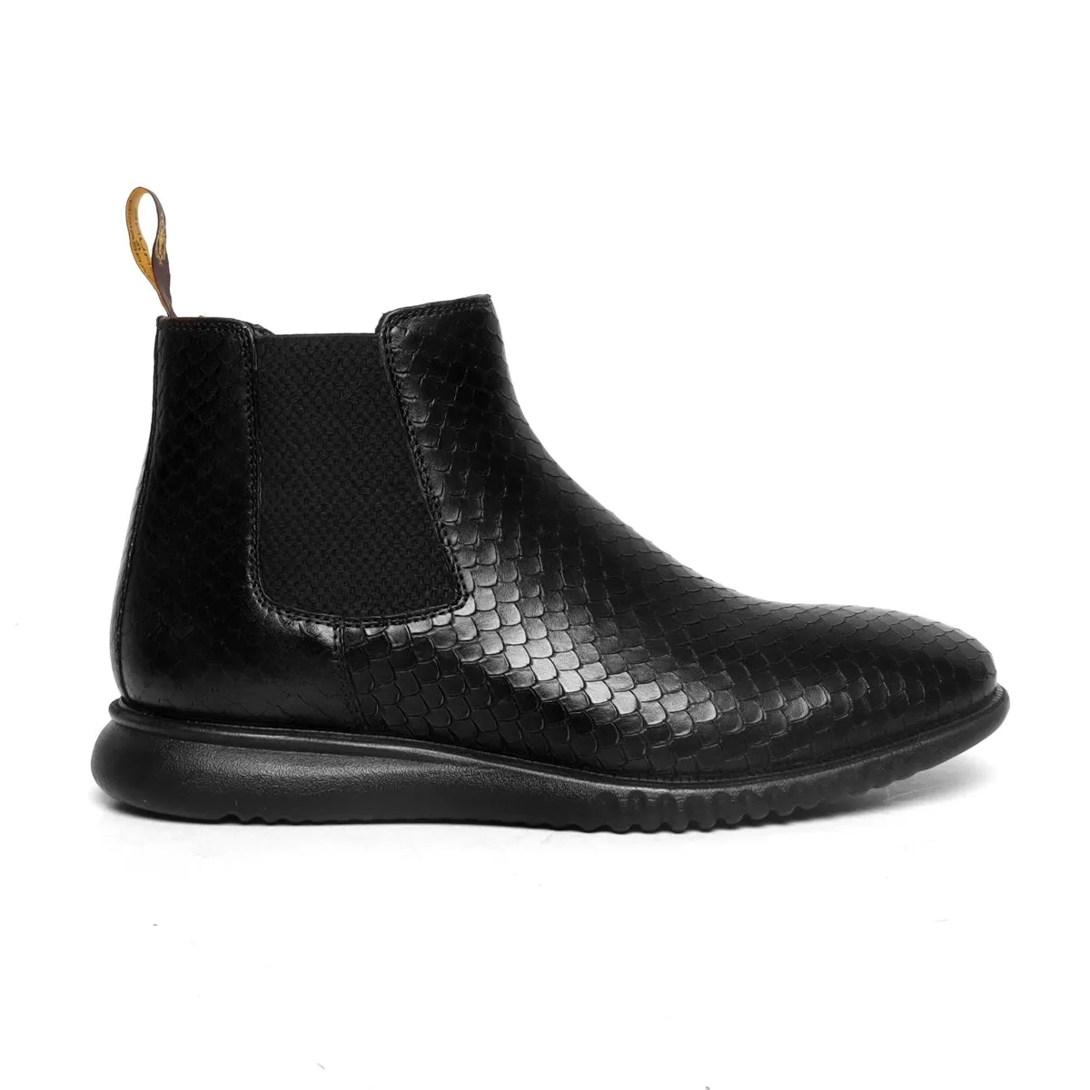 Black Snake Skin Textured Leather Chelsea Boot with Hand scaling and Light weight sole by Brune & Bareskin