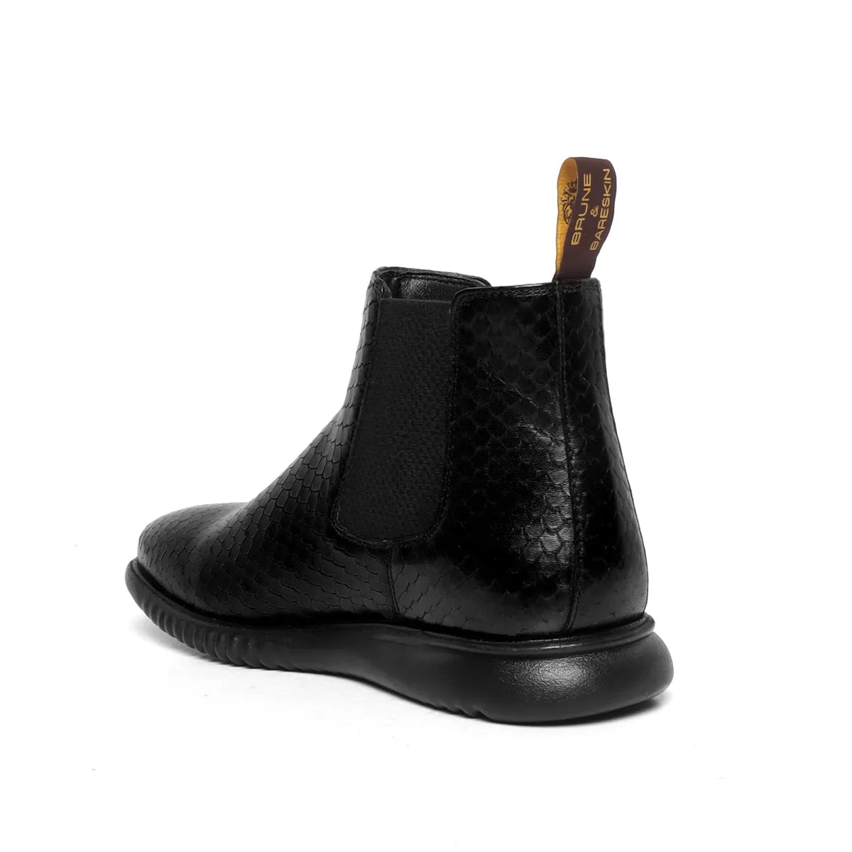 Black Snake Skin Textured Leather Chelsea Boot with Hand scaling and Light weight sole by Brune & Bareskin