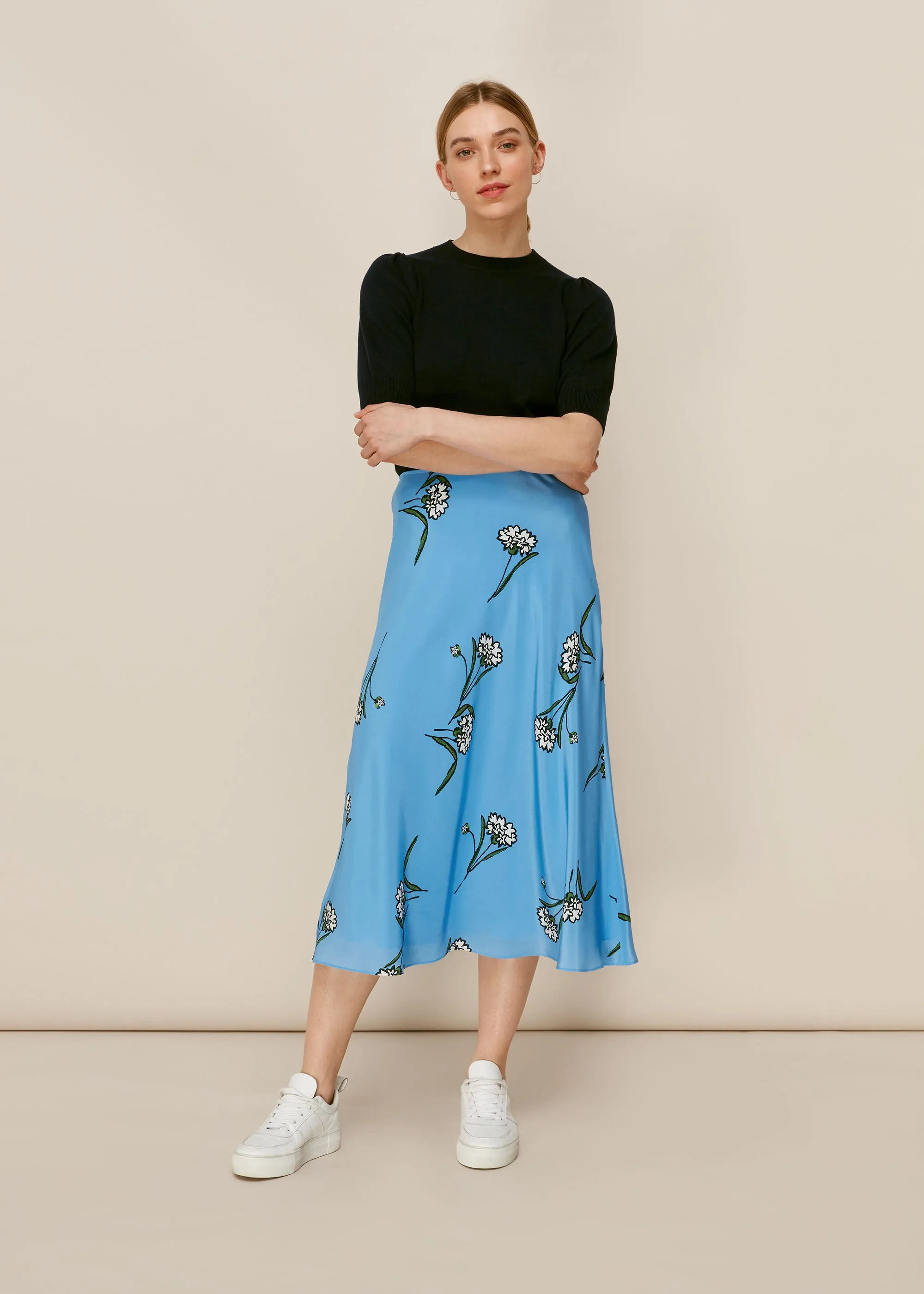 Blue Sprig Floral Silk Bias Skirt