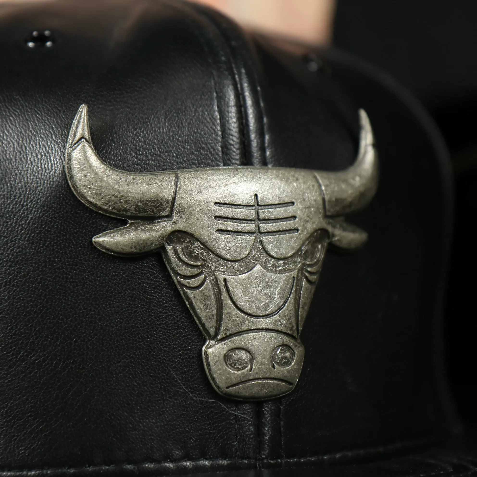 Chicago Bulls 100% Genuine Lambskin Leather Metallic Embossed Bull Logo Mitchell and Ness Black Snapback Hat