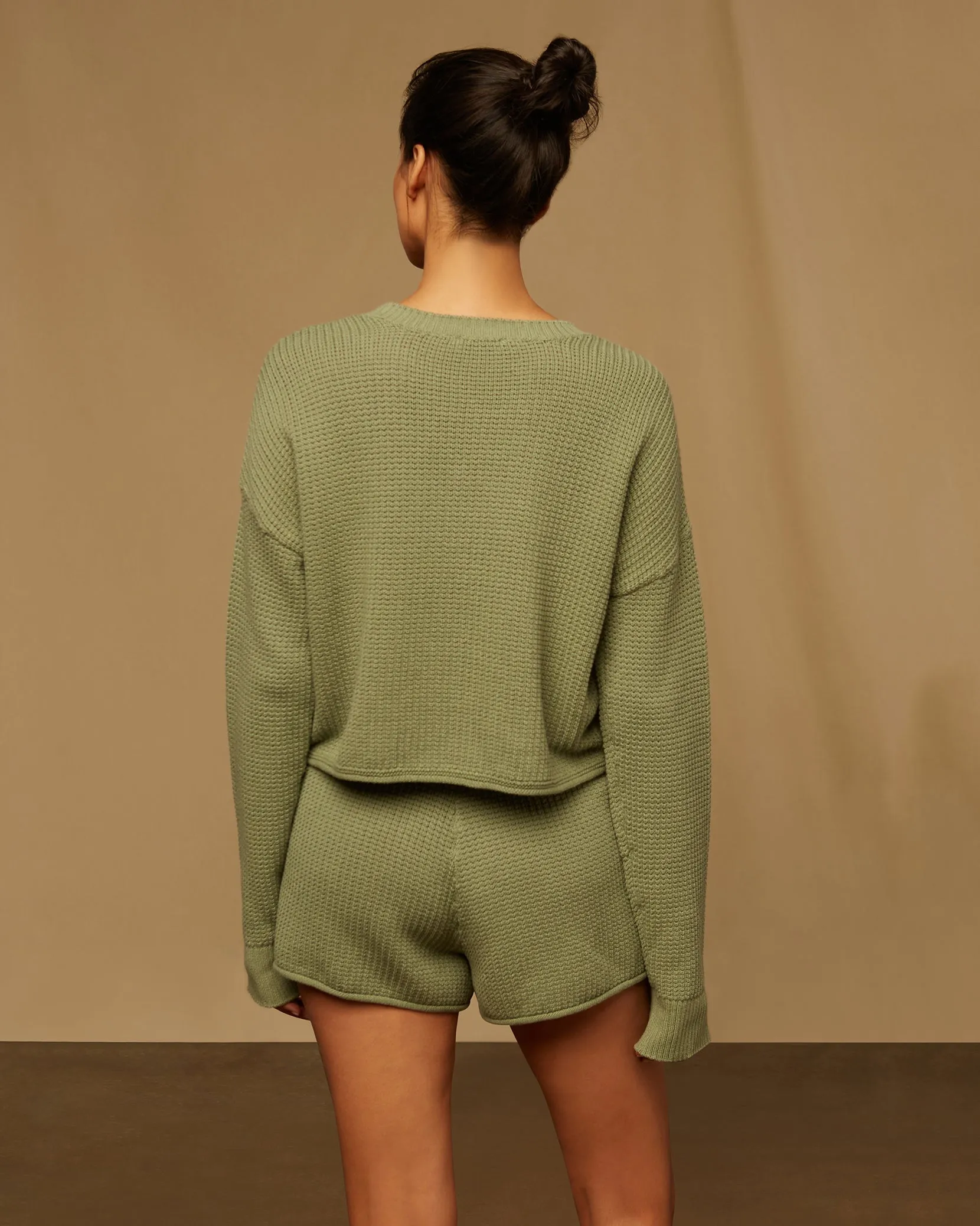 Cotton Waffle Sweater Cropped Crewneck | Sage Green