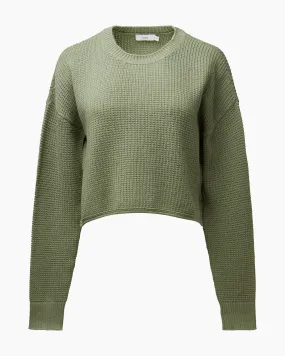 Cotton Waffle Sweater Cropped Crewneck | Sage Green