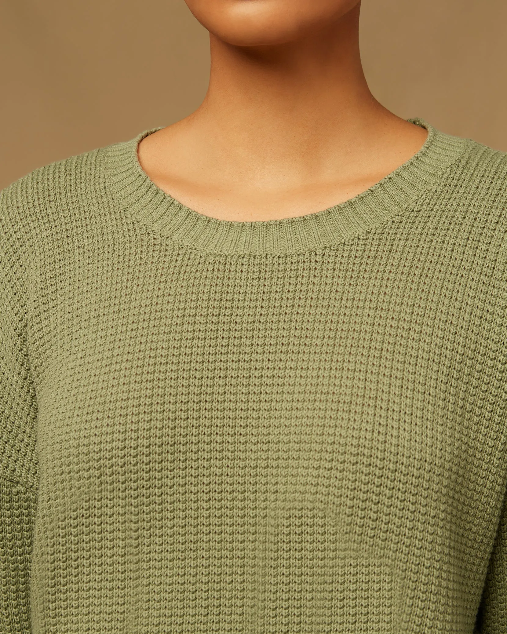 Cotton Waffle Sweater Cropped Crewneck | Sage Green