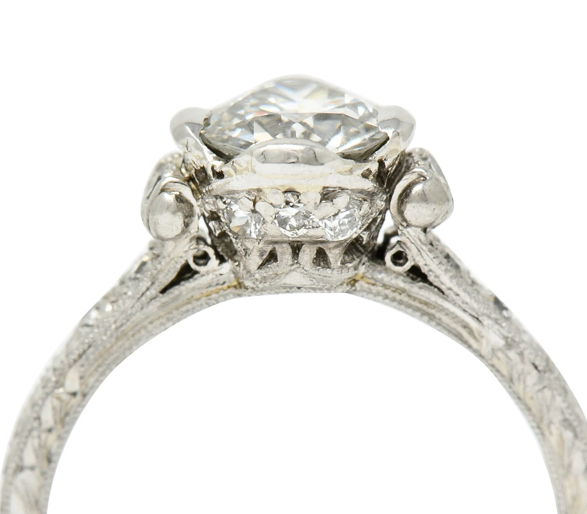 Edwardian 1.11 CTW Diamond Platinum Scrolled Foliate Engagement Ring GIA