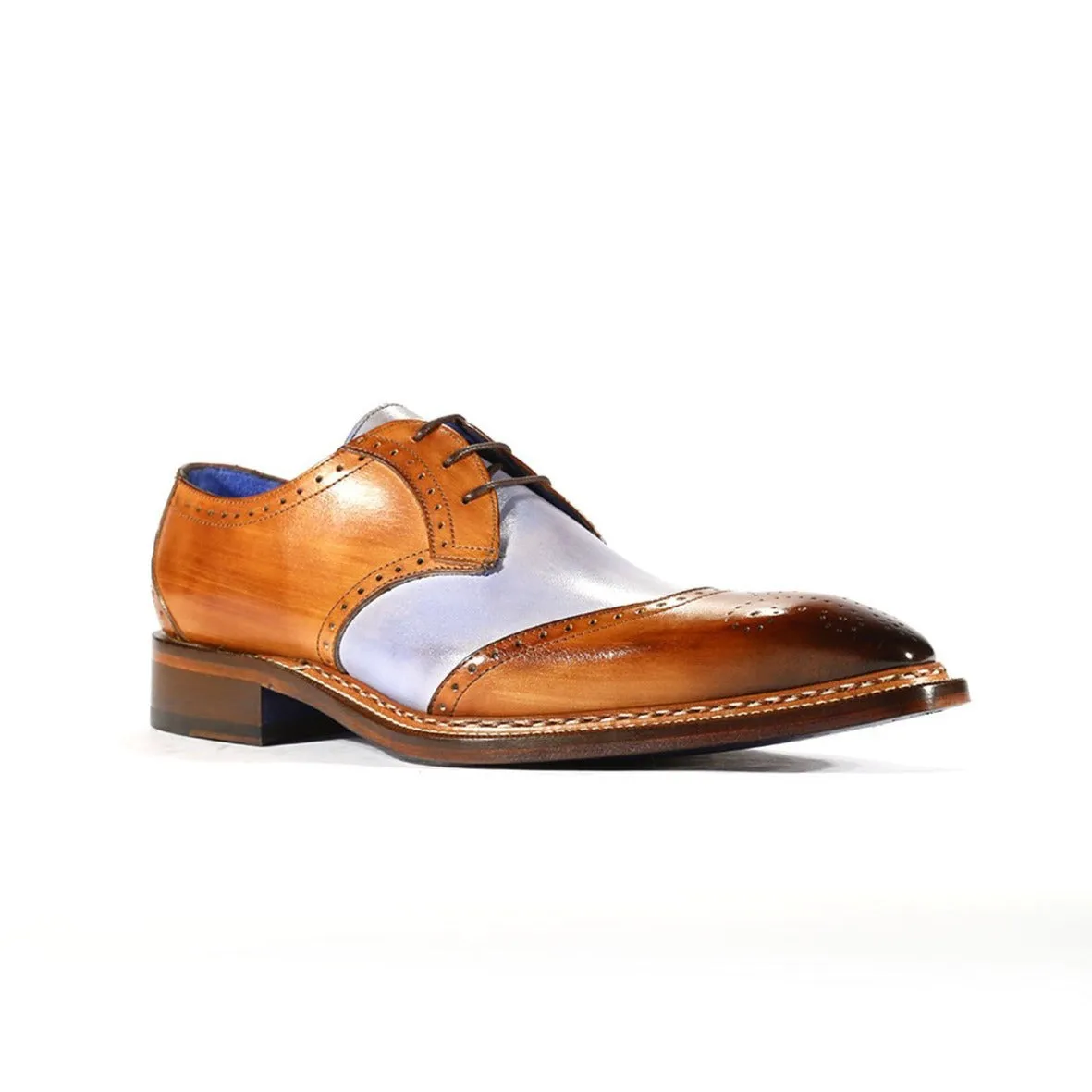 Emilio Franco Dante Men's Shoes Cognac & Light Blue Combination Calf-Skin Leather Oxfords (EFS3705)