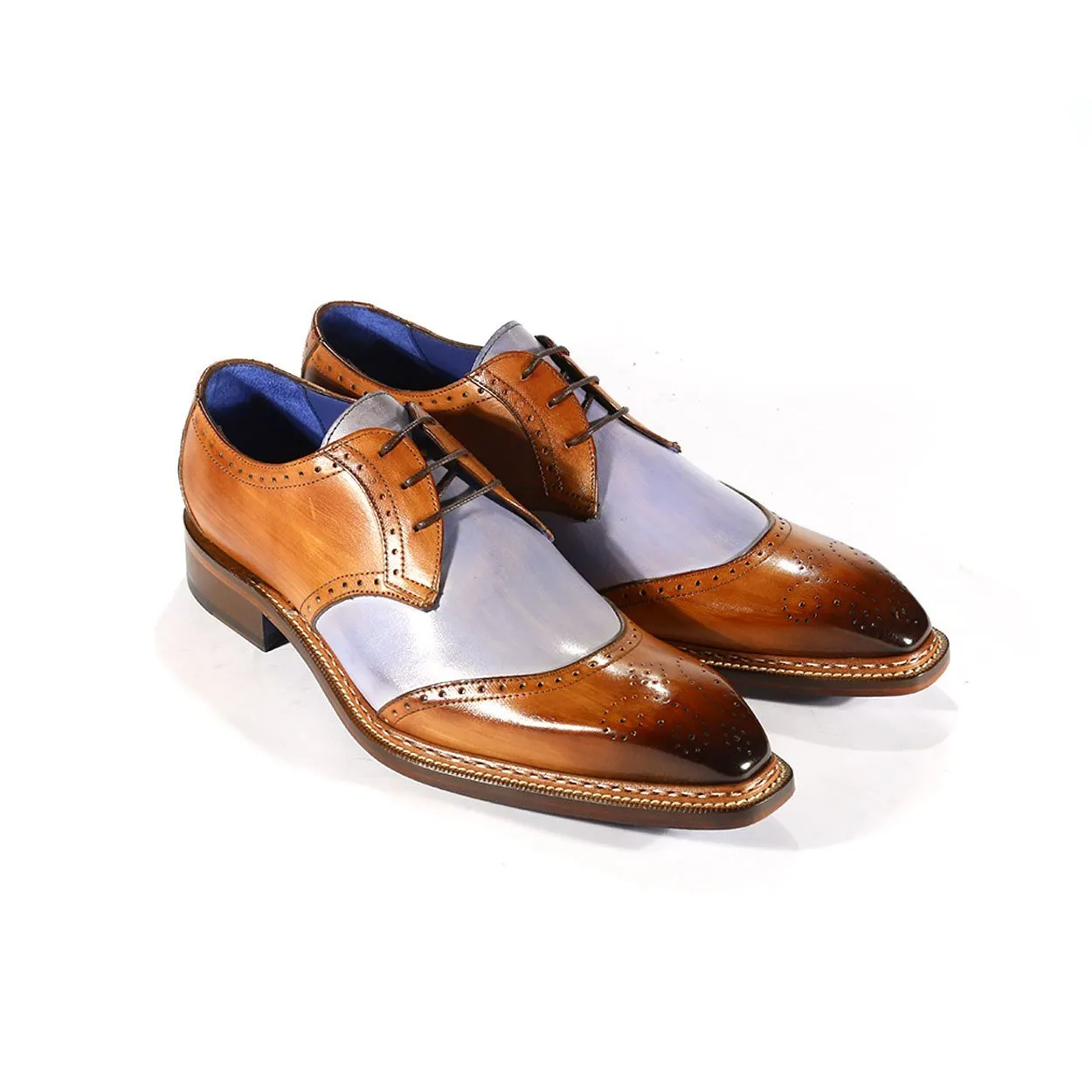 Emilio Franco Dante Men's Shoes Cognac & Light Blue Combination Calf-Skin Leather Oxfords (EFS3705)