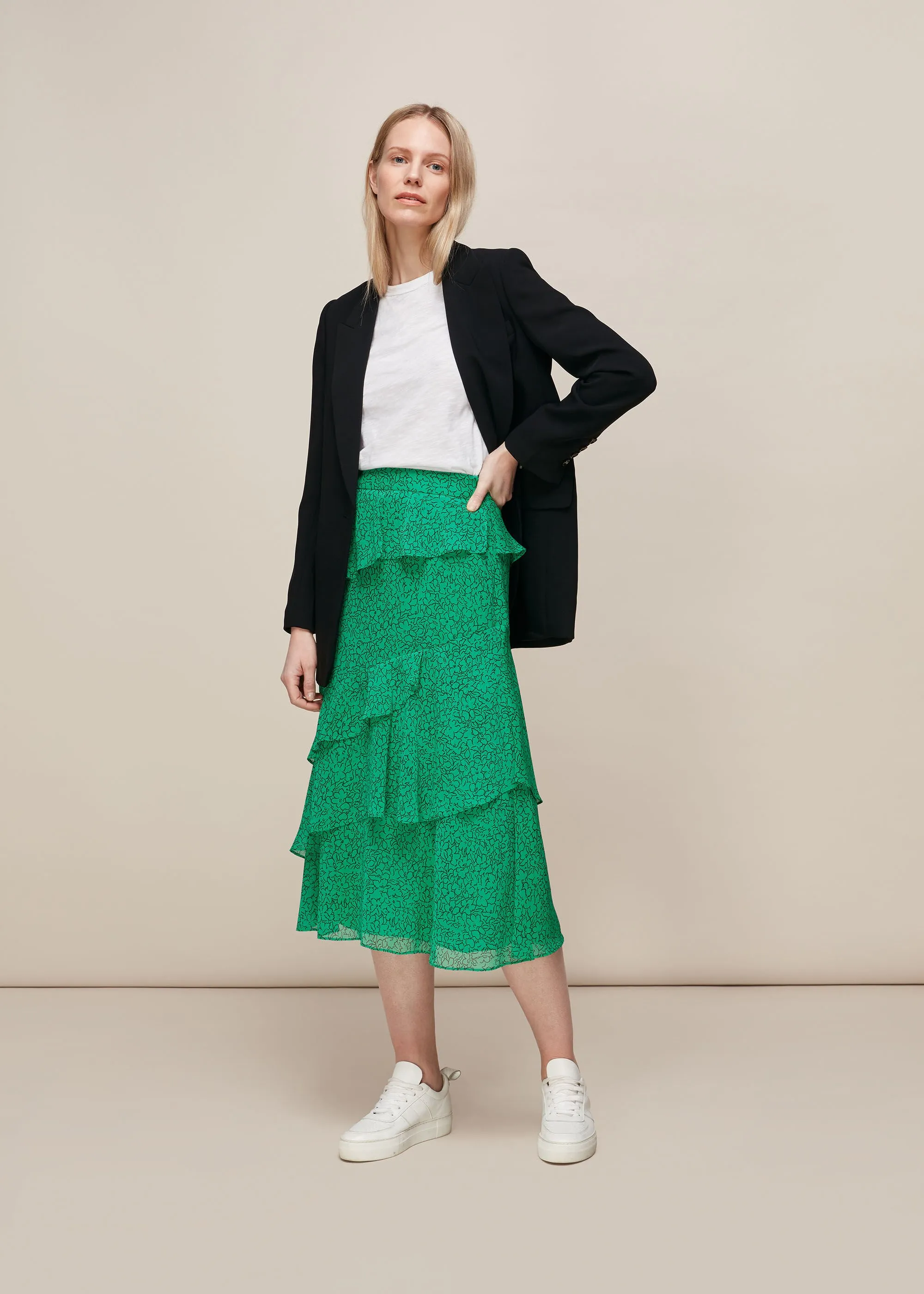 Green Sketched Floral Tiered Skirt