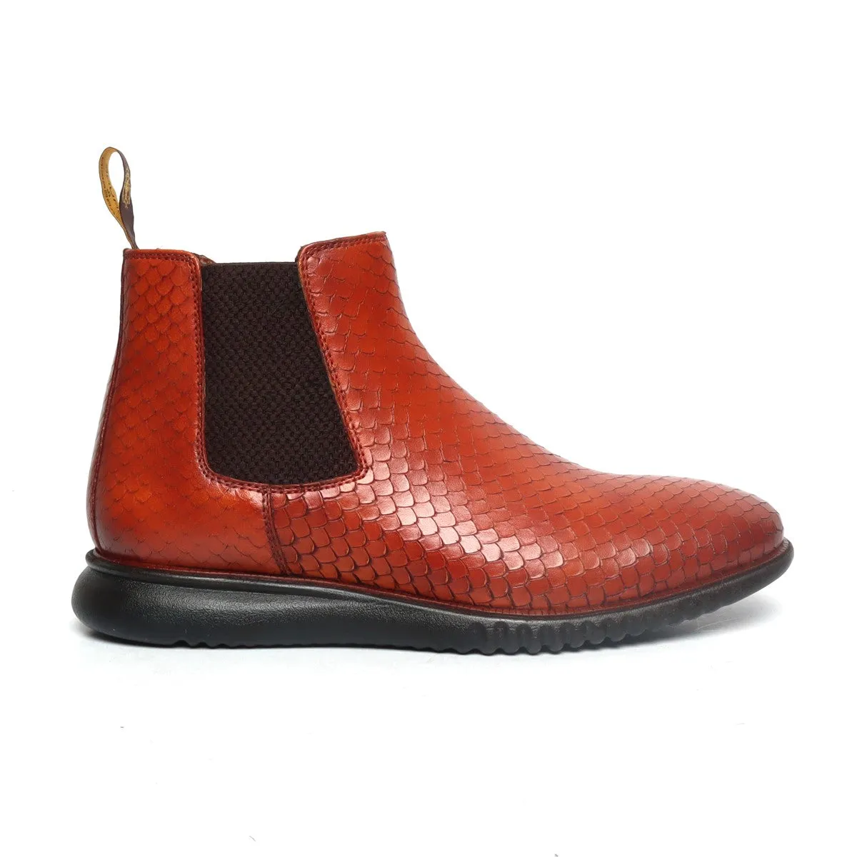 Hand scaling Tan Chelsea Boot in Snake Skin Textured Leather and Light weight sole By Brune & Bareskin