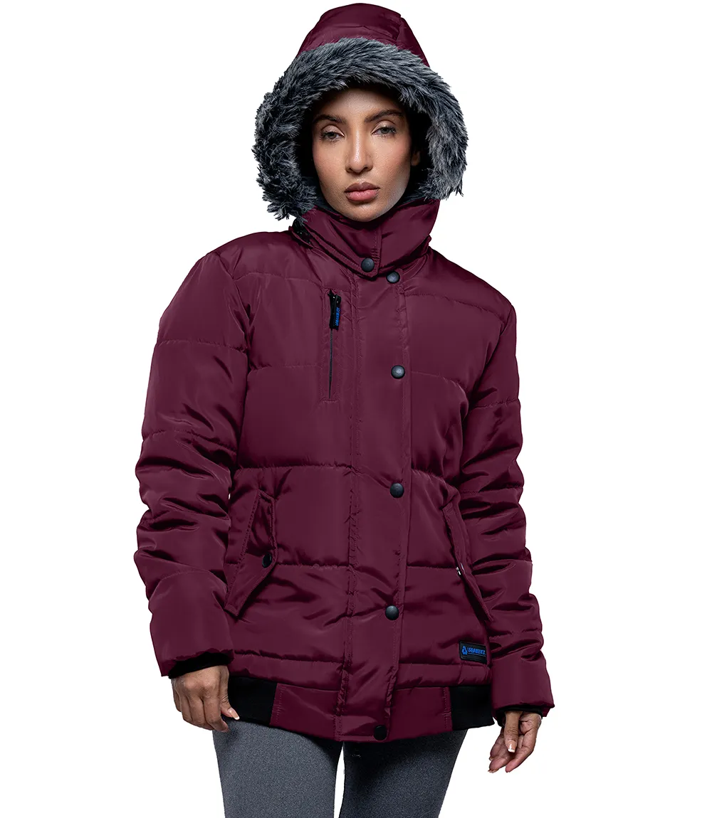 Jasmine Maroon Faux Fur Hooded Puffer jacket