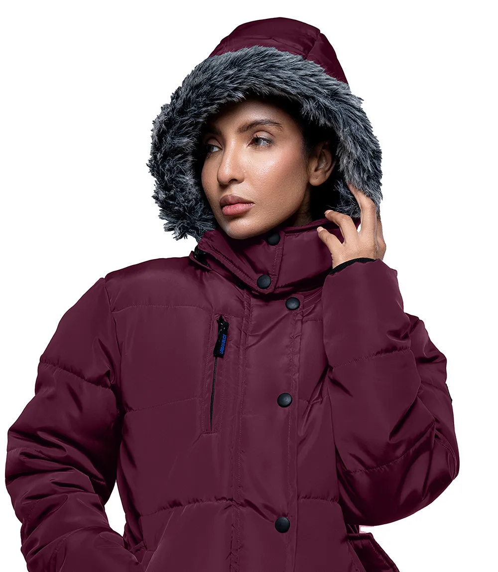 Jasmine Maroon Faux Fur Hooded Puffer jacket