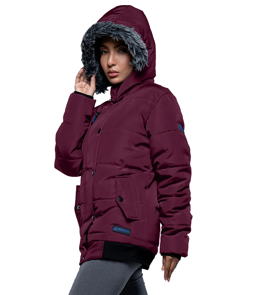 Jasmine Maroon Faux Fur Hooded Puffer jacket