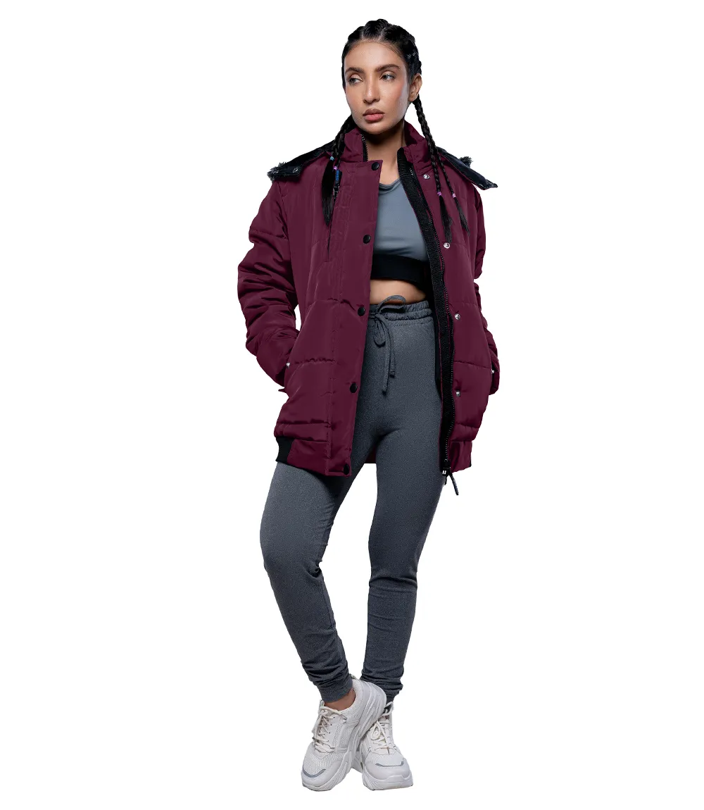 Jasmine Maroon Faux Fur Hooded Puffer jacket