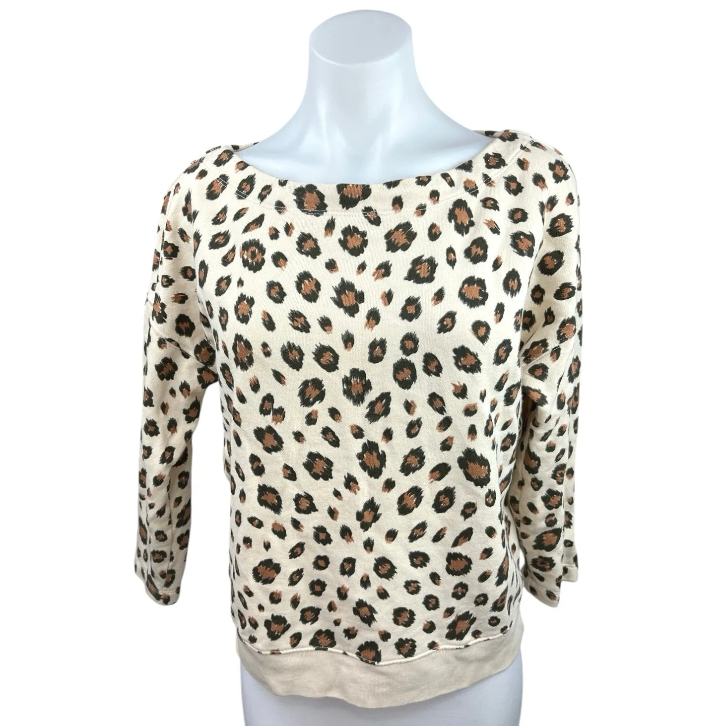 J.Crew White Cream Multicolor Leopard Print 3/4 Sleeve Boat Neck Sweater Top S