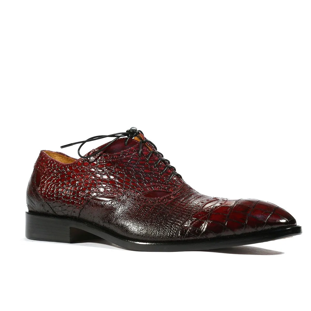 Jo Ghost Men's Shoes Burgundy Alligator Print / Calf-Skin Leather Oxfords 2025 (JG5206)