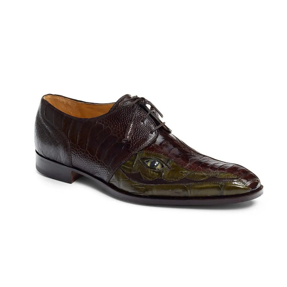 Mauri Men's Shoes Brown & Green Exotic Ostrich Leg & Crocodile Oxfords 4787 (MA4510)