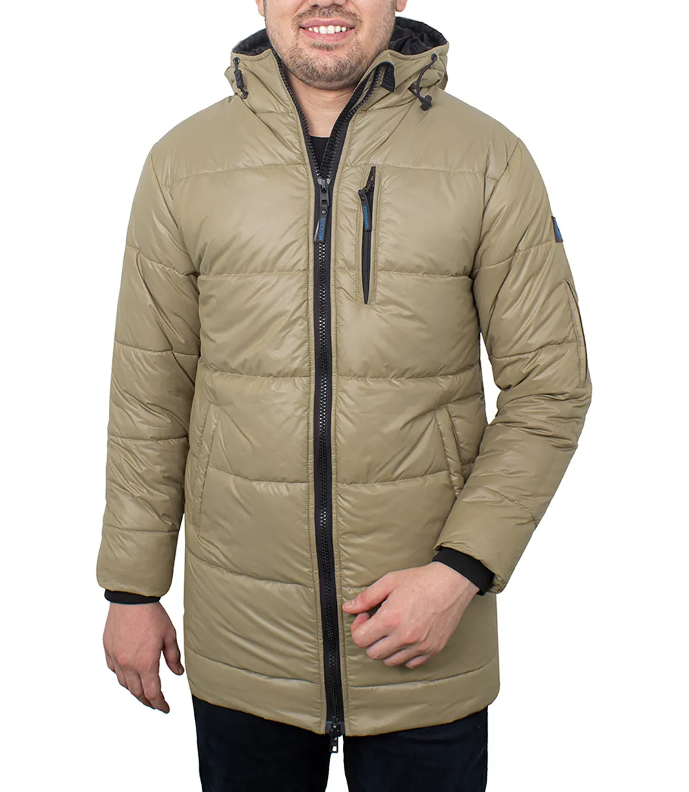 Men's 3/4 Length Biege Hooded Parka Jacket - Puffer Style