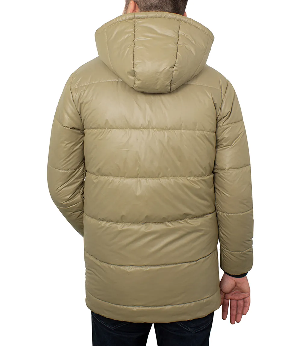 Men's 3/4 Length Biege Hooded Parka Jacket - Puffer Style