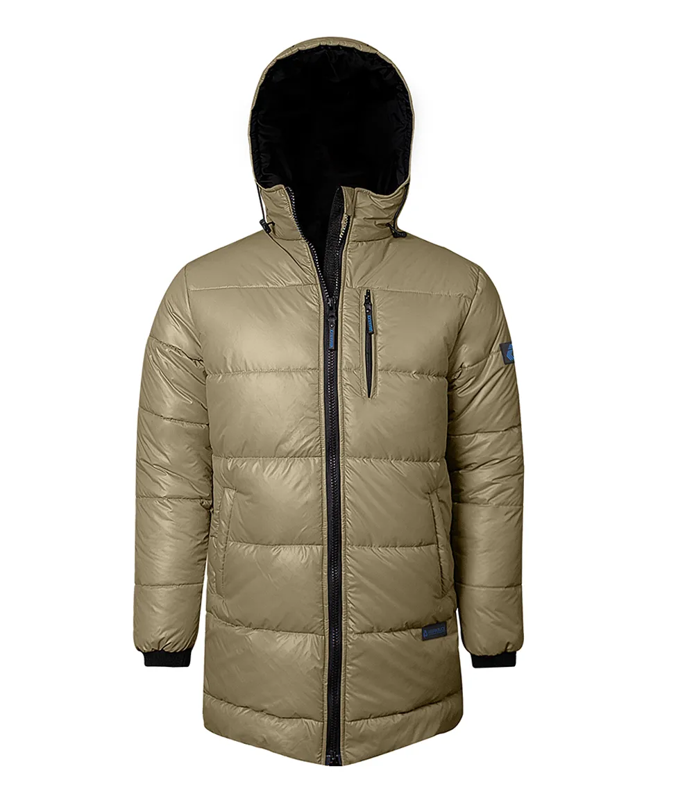 Men's 3/4 Length Biege Hooded Parka Jacket - Puffer Style