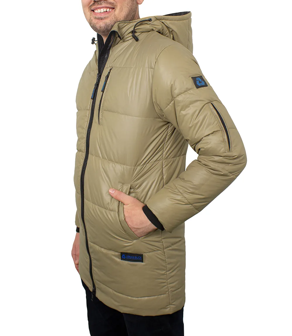 Men's 3/4 Length Biege Hooded Parka Jacket - Puffer Style