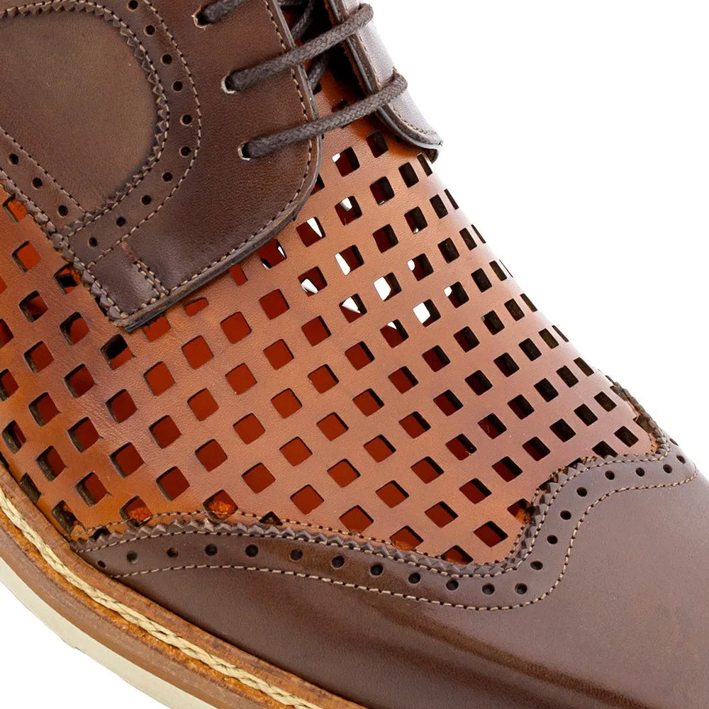 Mezlan R20741 Men's Shoes Cognac & Honey Perforated Calf-Skin Leather Derby Oxfords (MZ3626)