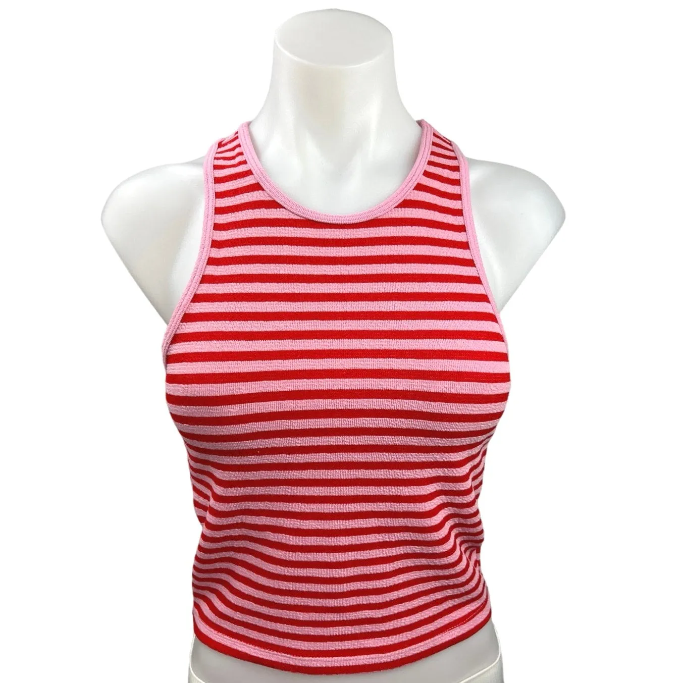 MNG Pink Red Striped Racerback Stretch Pullover Terry Sweater Tank Top Size S