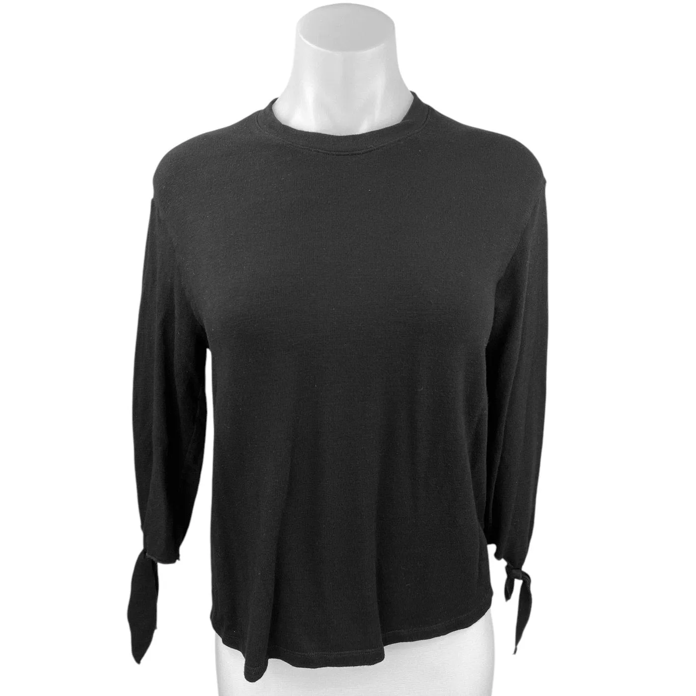 Monrow Black Crew Neck Tie Hem 3/4 Sleeve Pullover Basic Sweater Top Sz XS