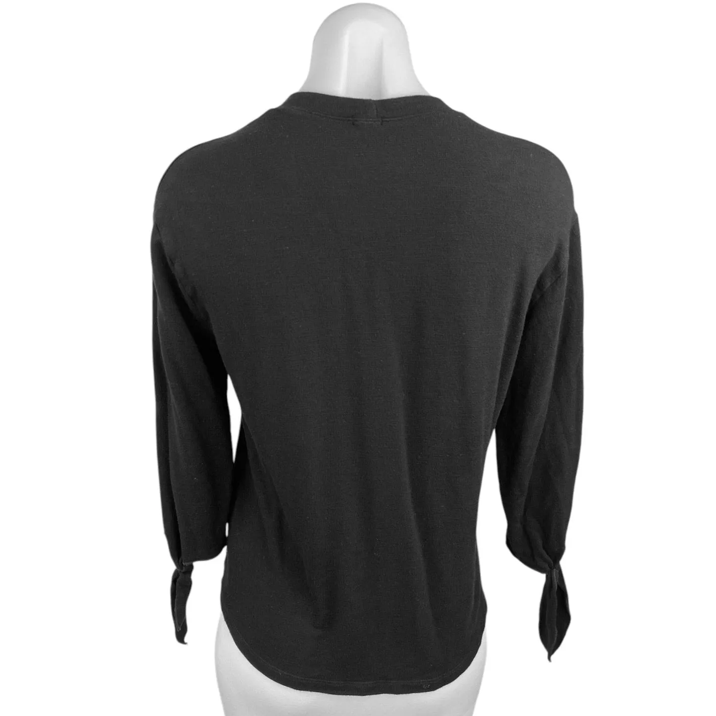 Monrow Black Crew Neck Tie Hem 3/4 Sleeve Pullover Basic Sweater Top Sz XS