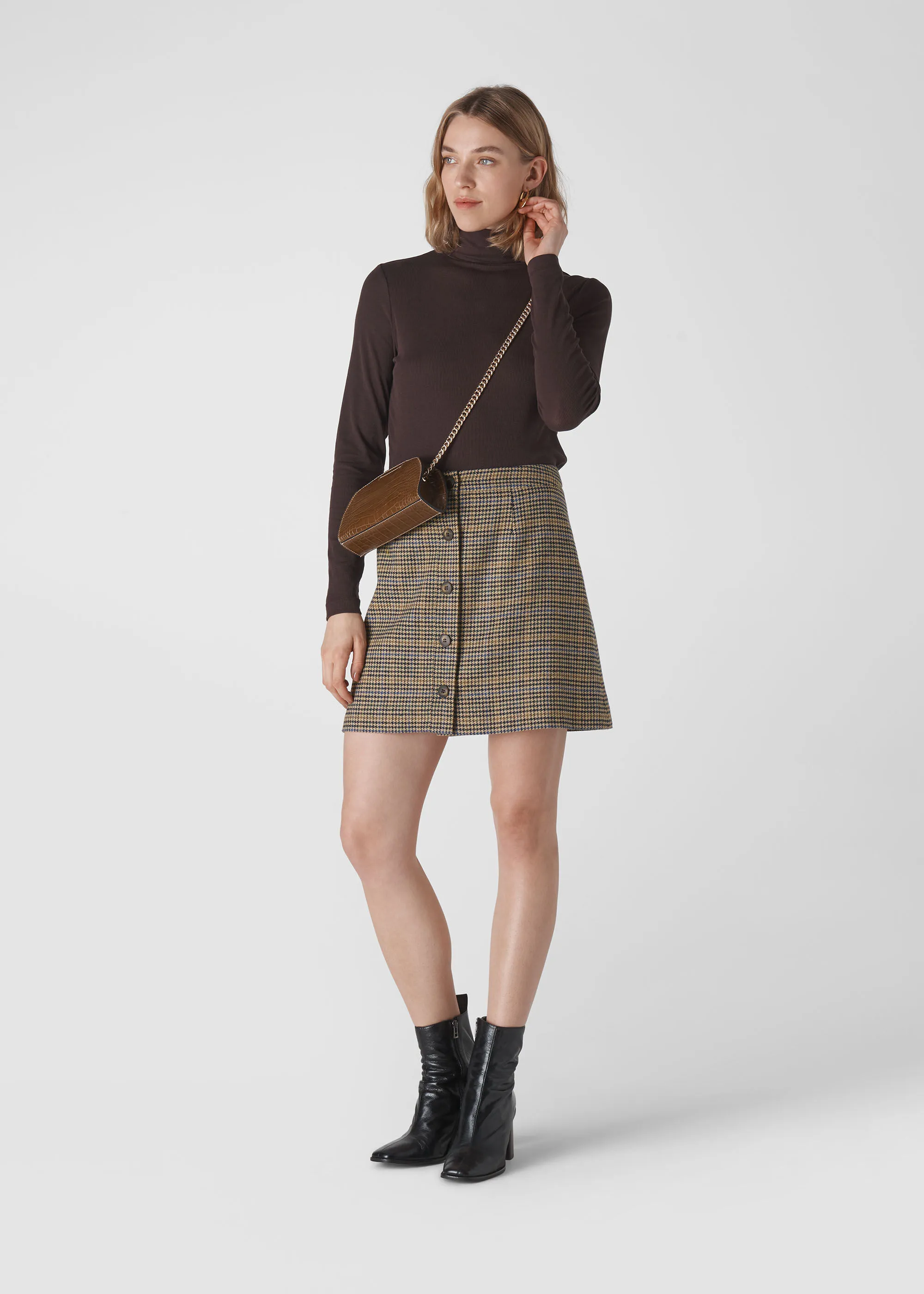 Multicolour Houndstooth Button Aline Skirt