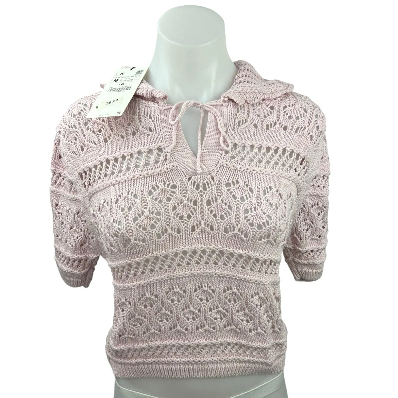 NEW Zara Pink Crochet Collared Tie Keyhole Open Knit Short Sleeve Sweater Top M