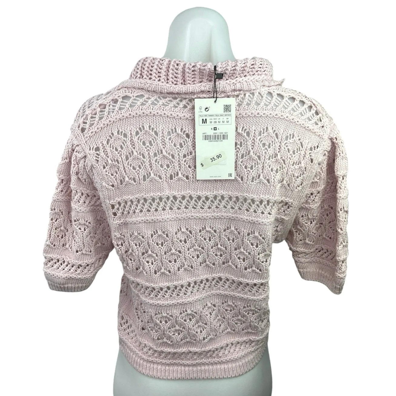 NEW Zara Pink Crochet Collared Tie Keyhole Open Knit Short Sleeve Sweater Top M