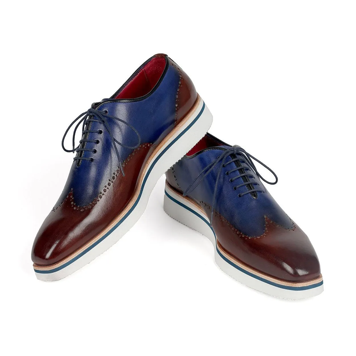 Paul Parkman 187-BRW-BLU Men's Shoes Brown & Blue Calf-Skin Leather Smart Wingtip Oxfords (PM6305)