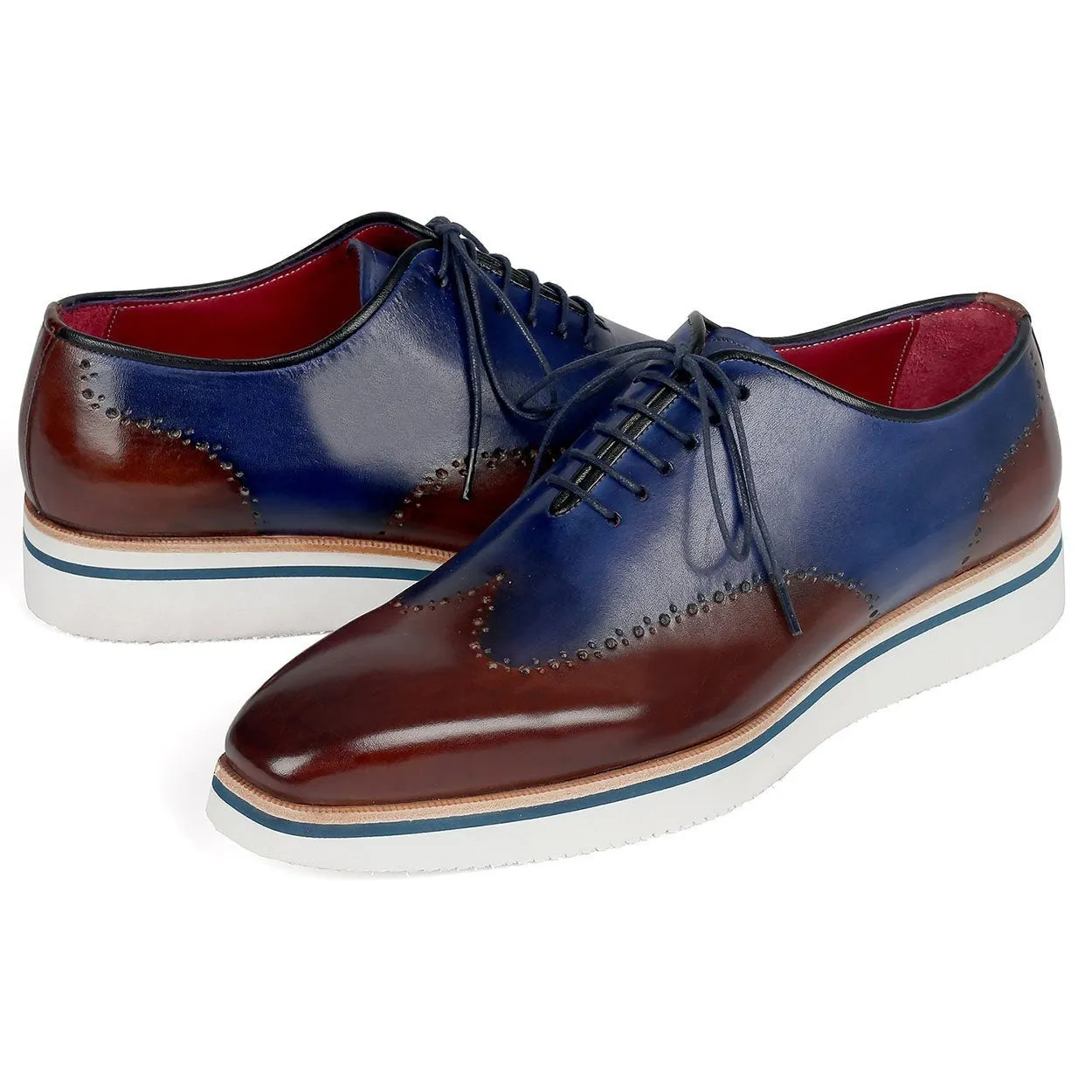 Paul Parkman 187-BRW-BLU Men's Shoes Brown & Blue Calf-Skin Leather Smart Wingtip Oxfords (PM6305)