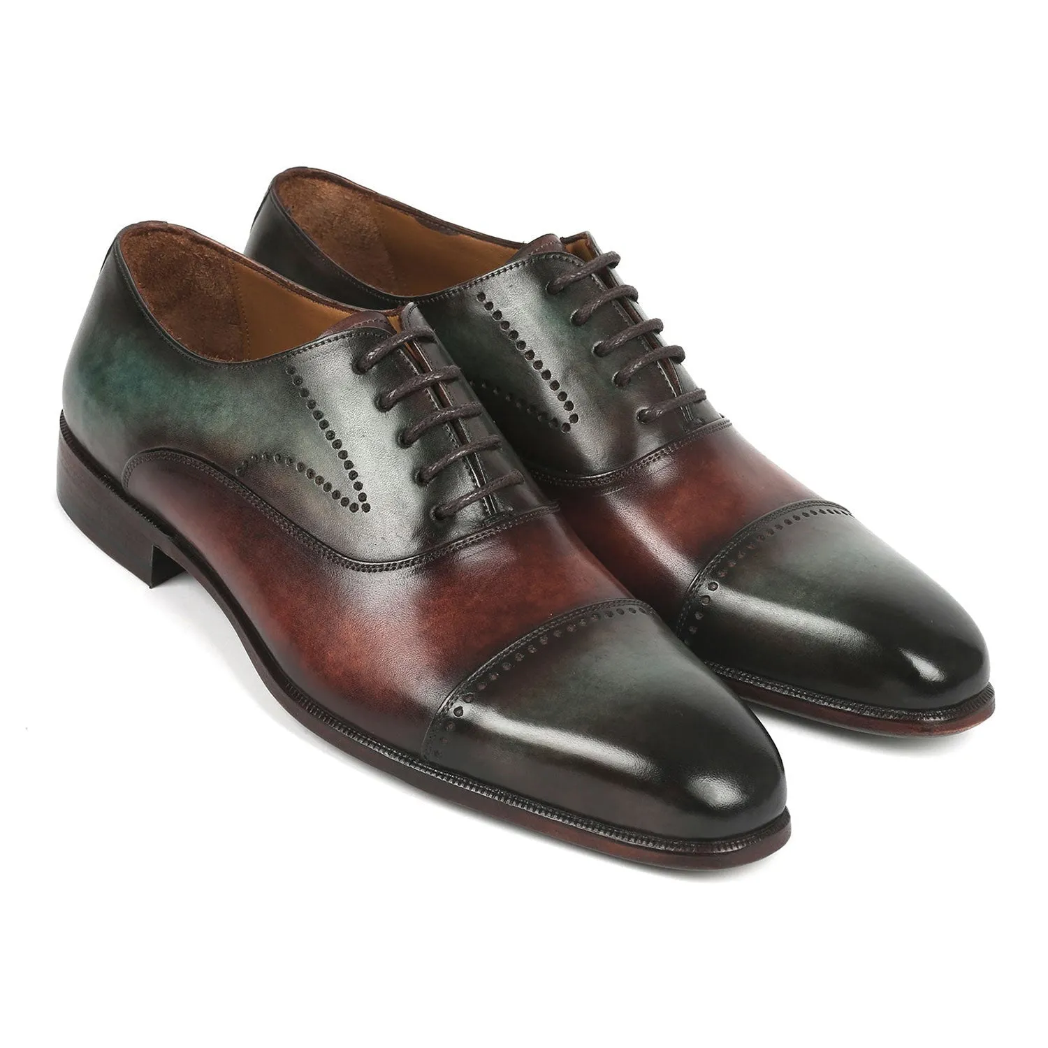 Paul Parkman 314-GRNBRW Men's Shoes Green & Brown Calf-Skin Leather Dress Cap-Toe Oxfords (PM6337)