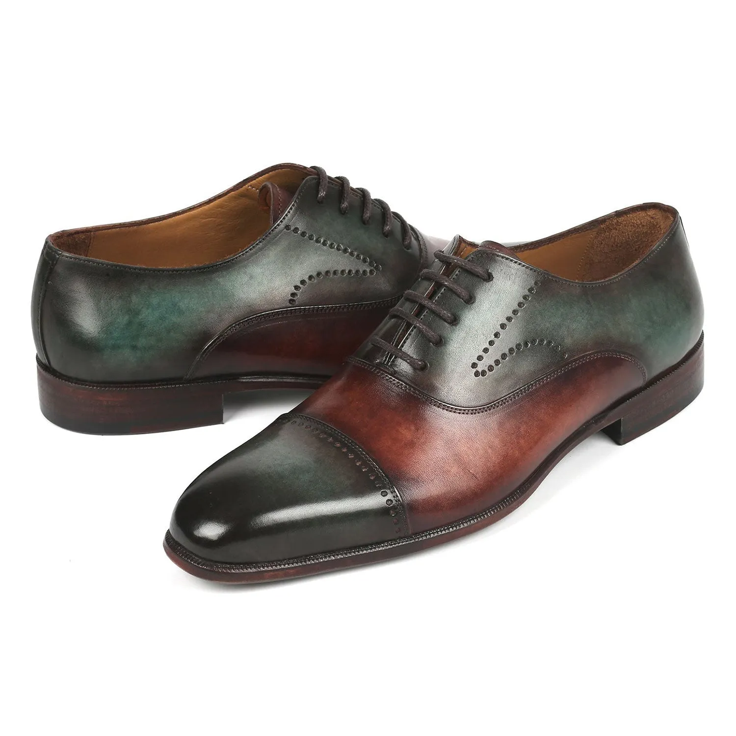 Paul Parkman 314-GRNBRW Men's Shoes Green & Brown Calf-Skin Leather Dress Cap-Toe Oxfords (PM6337)