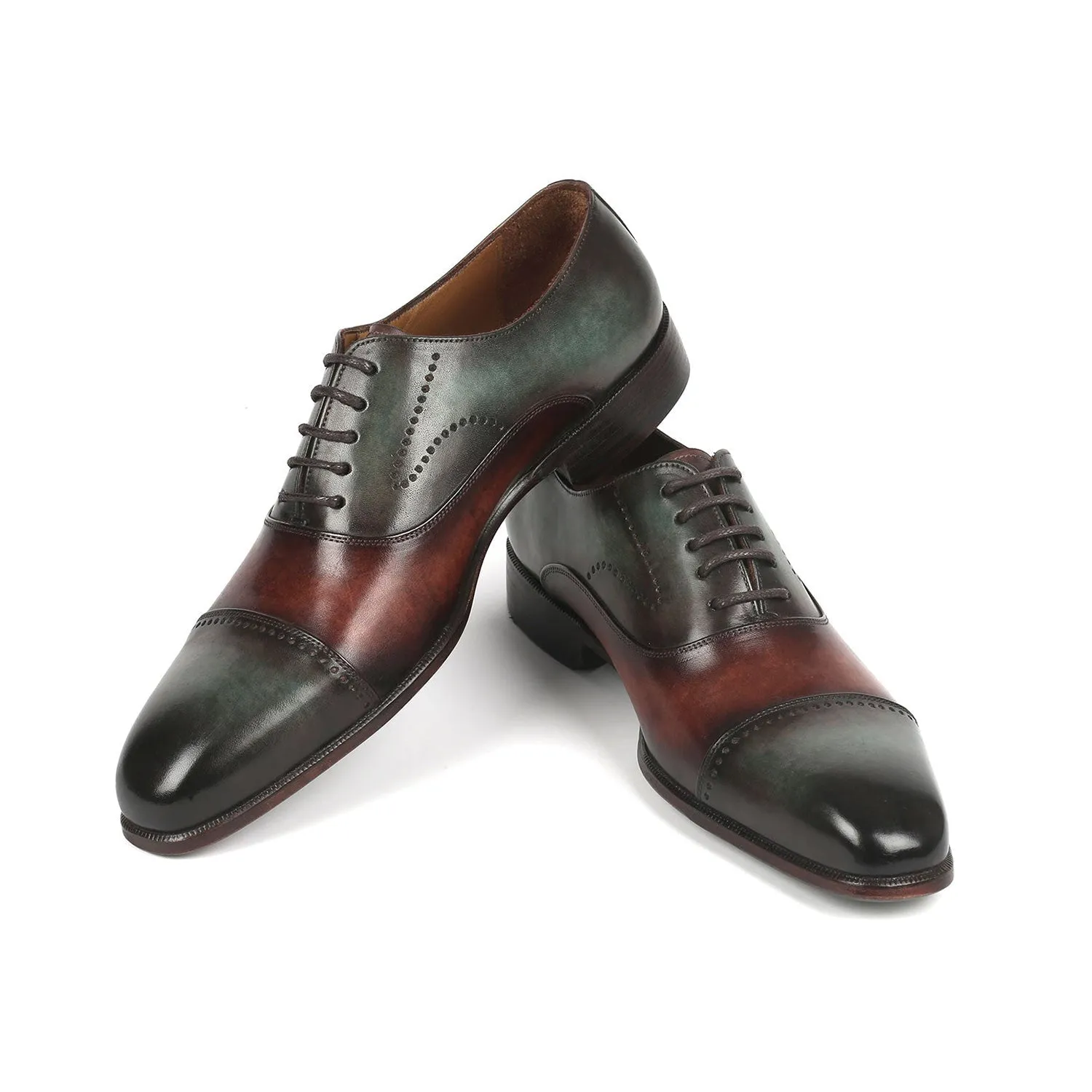 Paul Parkman 314-GRNBRW Men's Shoes Green & Brown Calf-Skin Leather Dress Cap-Toe Oxfords (PM6337)