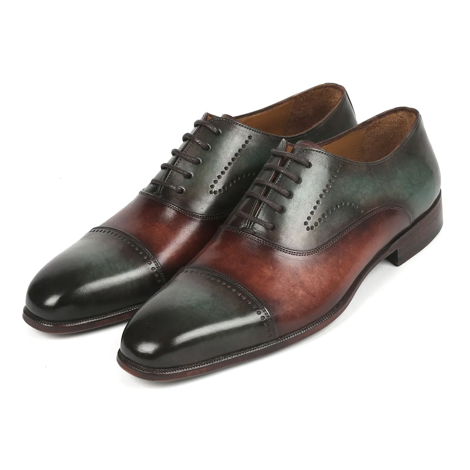 Paul Parkman 314-GRNBRW Men's Shoes Green & Brown Calf-Skin Leather Dress Cap-Toe Oxfords (PM6337)