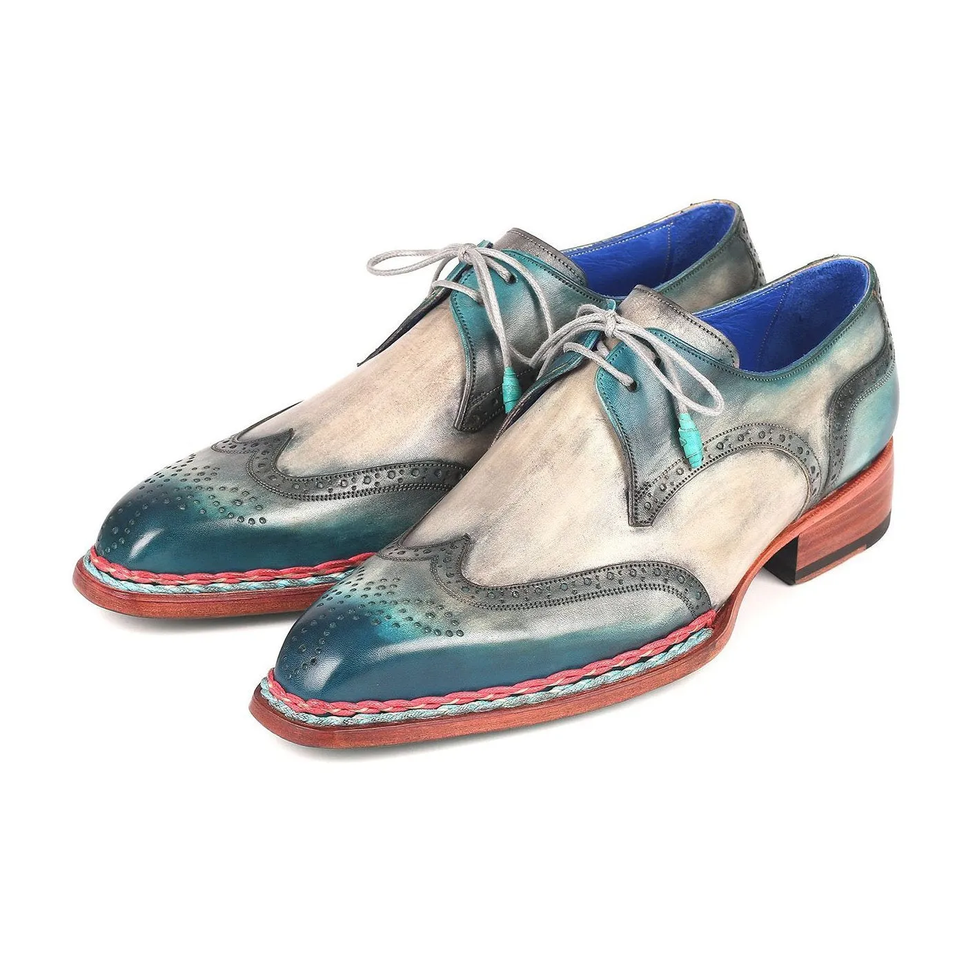 Paul Parkman 8506-BLU Men's Shoes Blue & Gray Calf-Skin Leather Norwegian Derby Oxfords(PM6265)