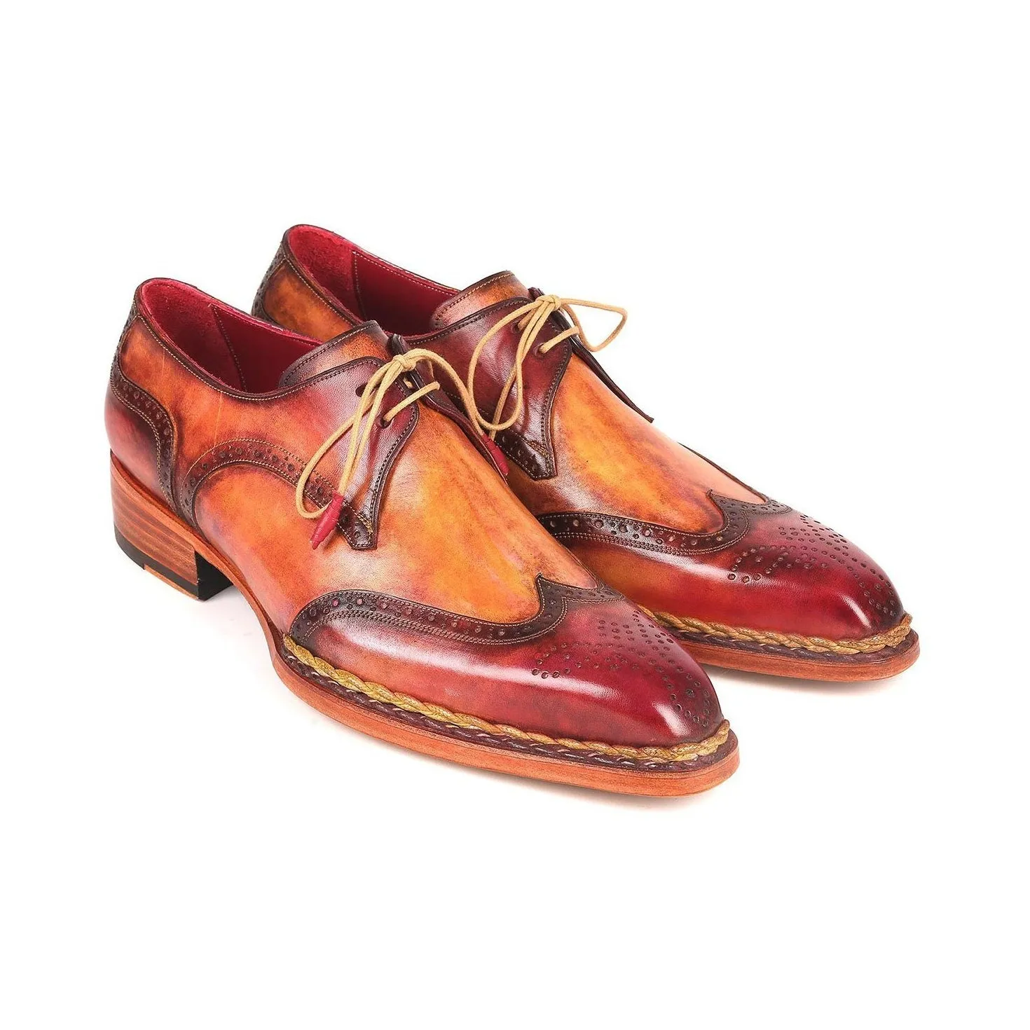 Paul Parkman 8506-CML Men's Shoes Red & Camel Calf-Skin Leather Norwegian Derby Oxfords(PM6264)