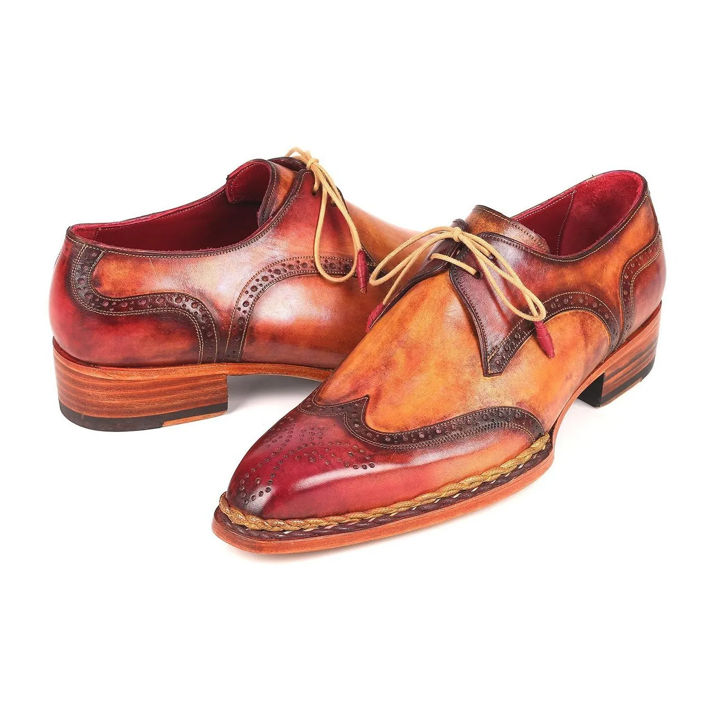 Paul Parkman 8506-CML Men's Shoes Red & Camel Calf-Skin Leather Norwegian Derby Oxfords(PM6264)